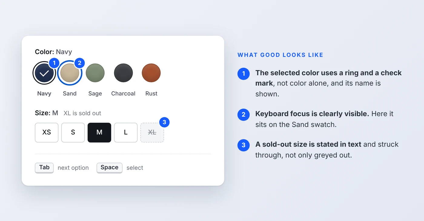 Product color swatches with visible color names, a selected option, and keyboard focus.