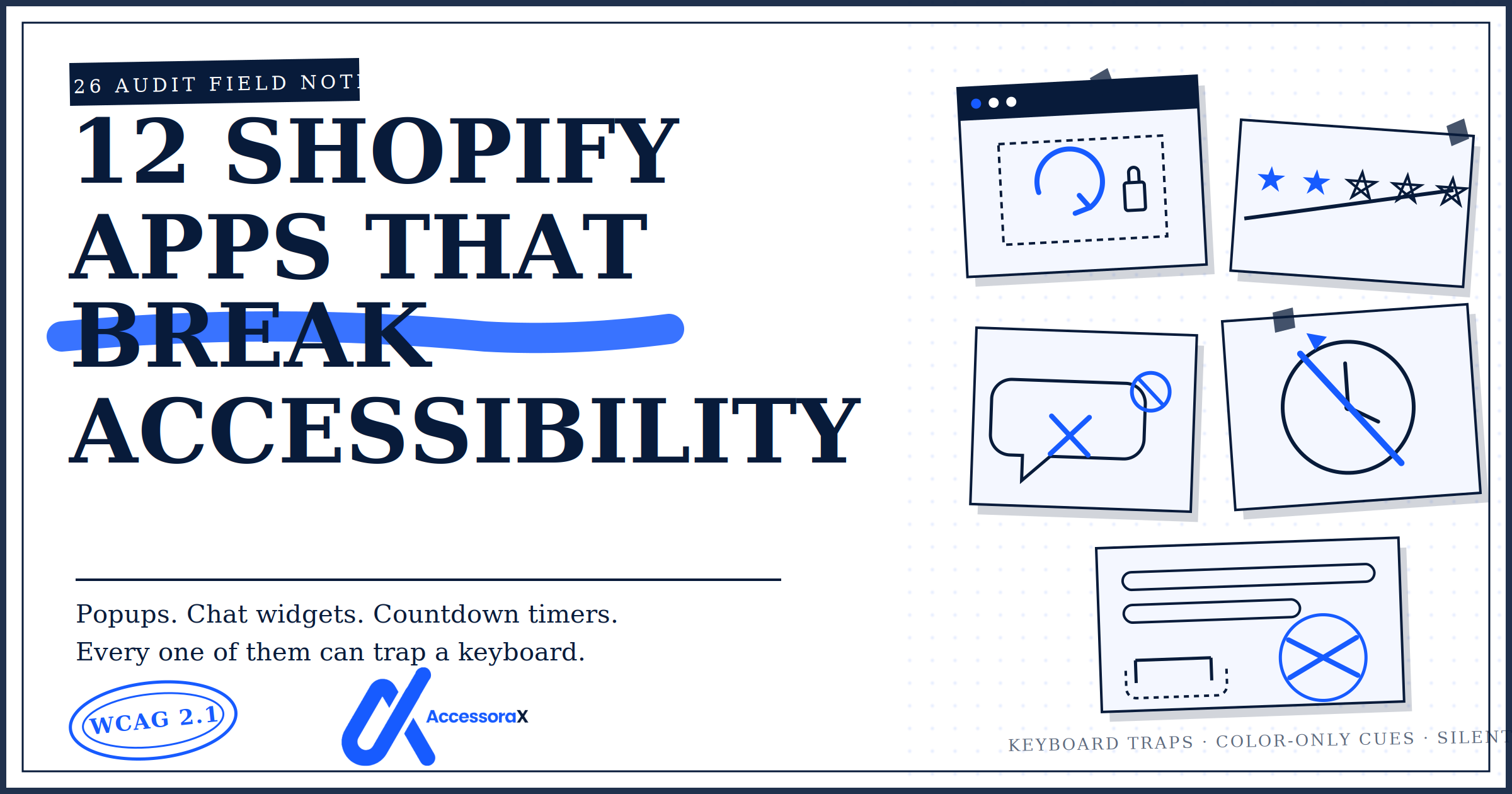 12 Shopify Apps That Break Accessibility - showing keyboard traps, color-only cues, and silent failures
