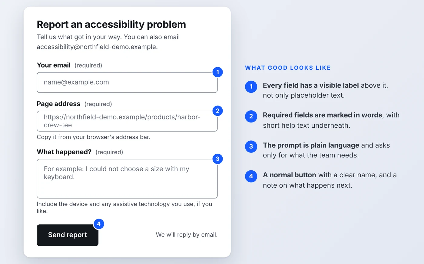 Website accessibility feedback form with clearly labelled contact fields.