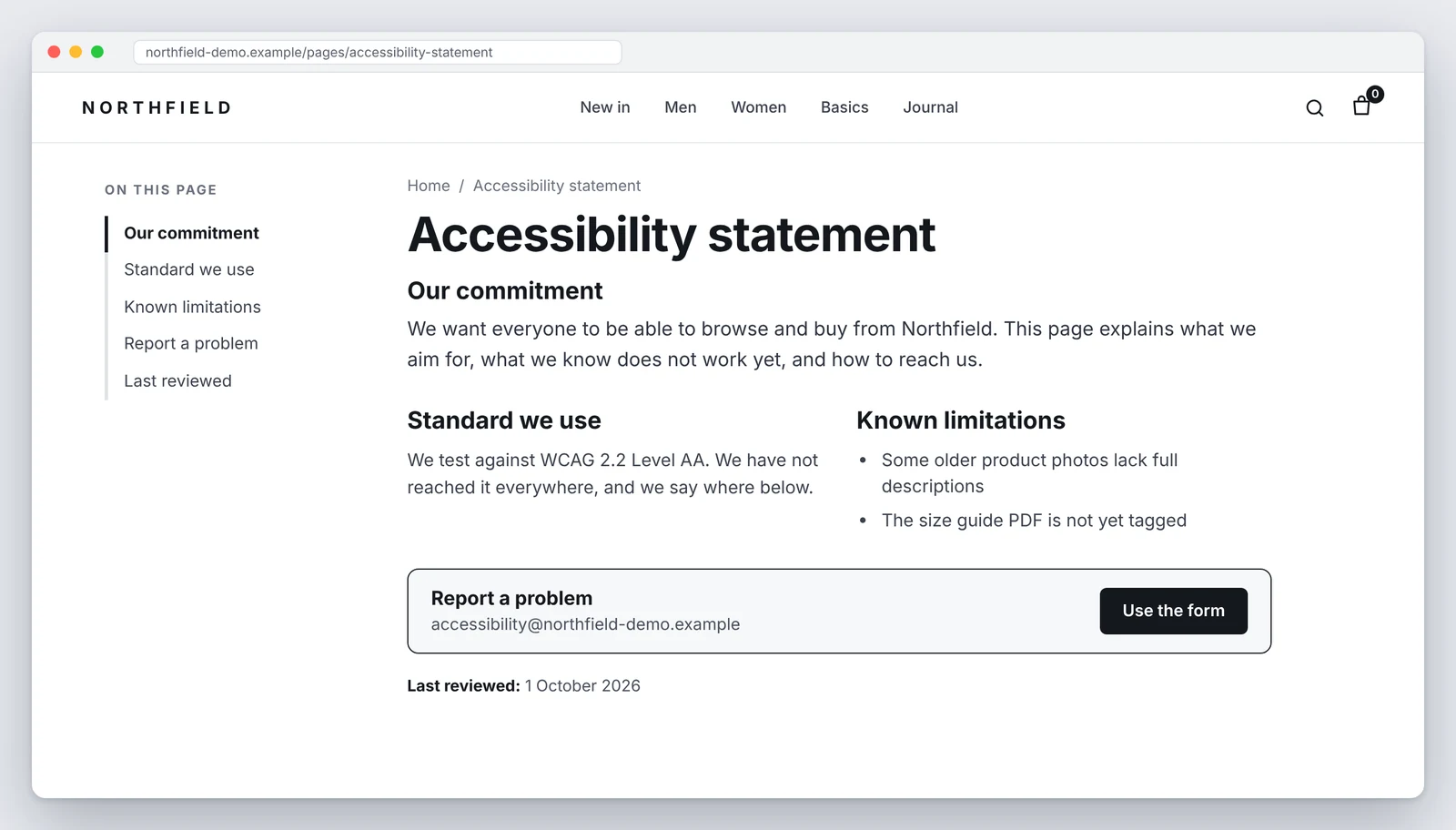 Example accessibility statement page for an ecommerce website.