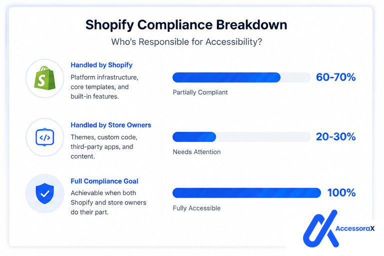 Shopify compliance breakdown chart. Handled by Shopify: platform infrastructure, core templates and built-in features, 60 to 70 percent, partially compliant. Handled by store owners: themes, custom code, third-party apps and content, 20 to 30 percent, needs attention. Full compliance goal: 100 percent, fully accessible, achievable when both Shopify and store owners do their part.