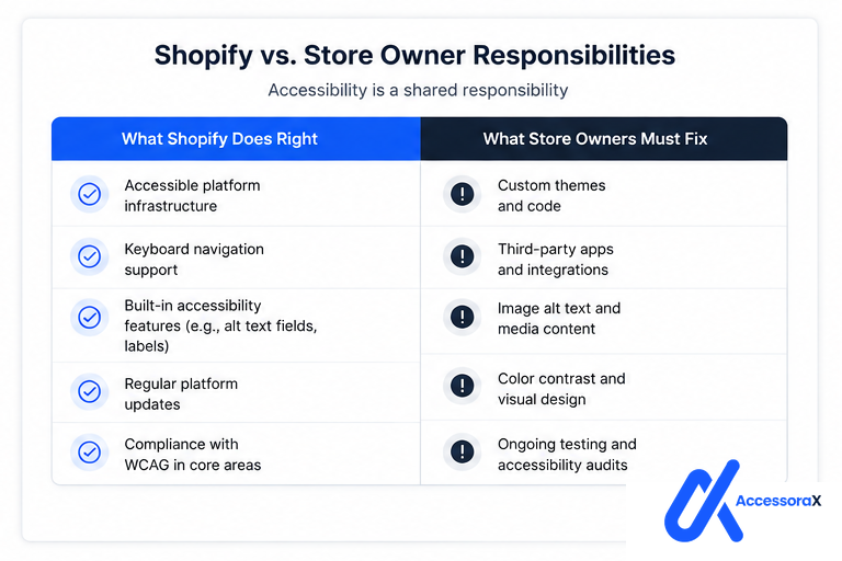 Comparison table titled Shopify versus store owner responsibilities. What Shopify does right: accessible platform infrastructure, keyboard navigation support, built-in accessibility features such as alt text fields and labels, regular platform updates, and compliance with WCAG in core areas. What store owners must fix: custom themes and code, third-party apps and integrations, image alt text and media content, colour contrast and visual design, and ongoing testing and accessibility audits.