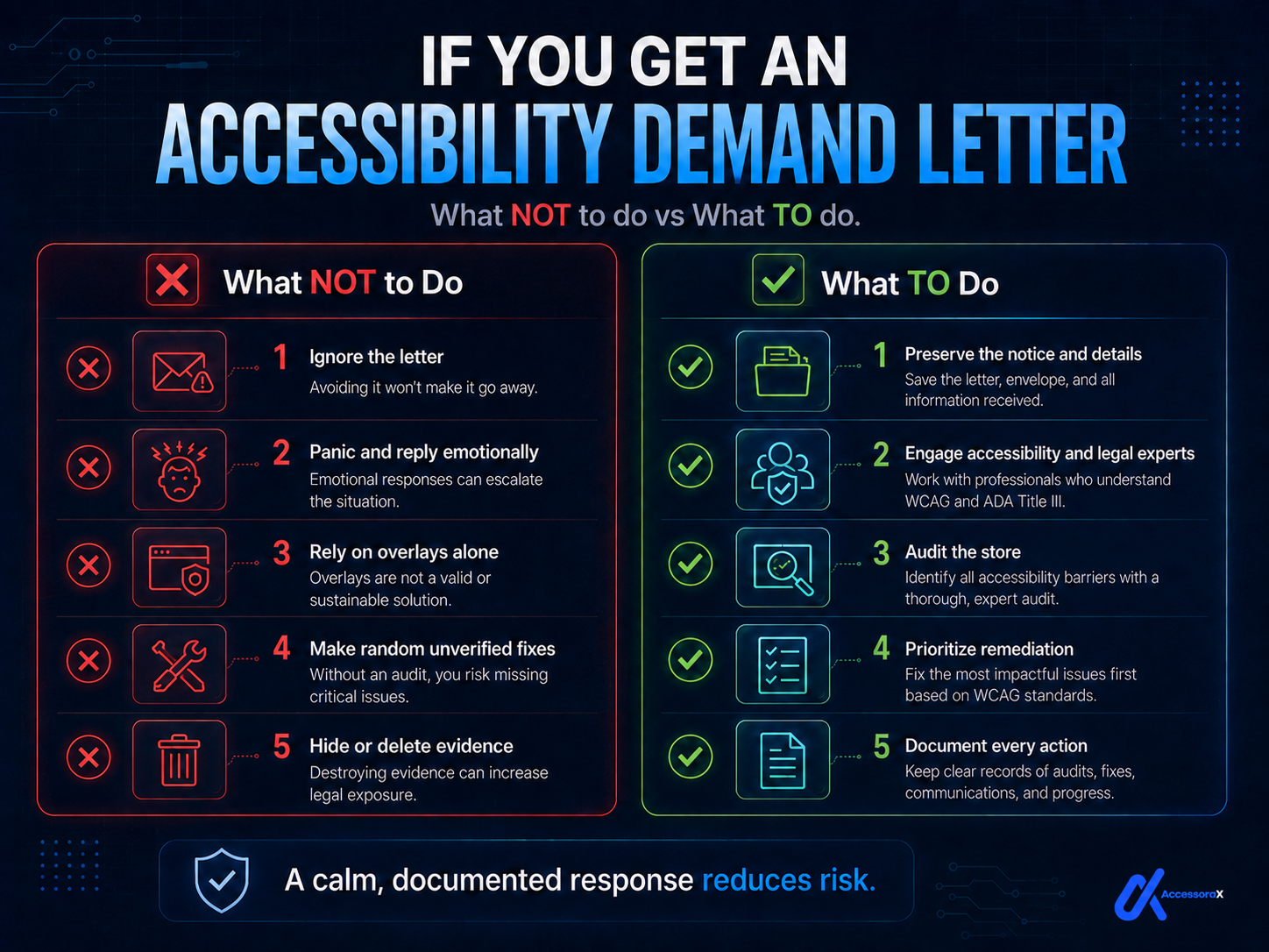 If you get an accessibility demand letter, what not to do versus what to do. What not to do: ignore the letter, panic and reply emotionally, rely on overlays alone, make random unverified fixes, hide or delete evidence. What to do: preserve the notice and details, engage accessibility and legal experts, audit the store, prioritise remediation, document every action. A calm, documented response reduces risk.