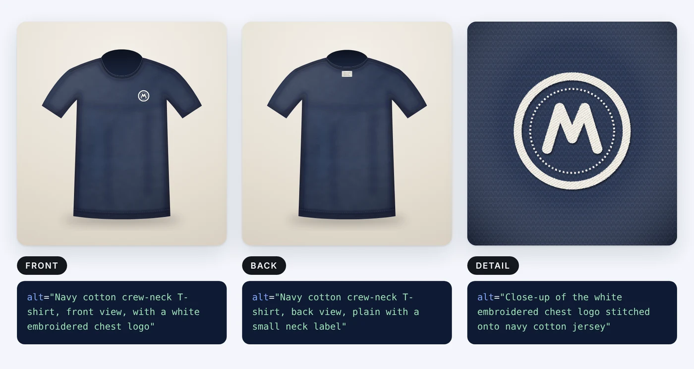 Three views of a navy cotton T-shirt: the front with a white embroidered chest logo, the back with a small neck label, and a close-up of the embroidered logo, each shown with its alt text.
