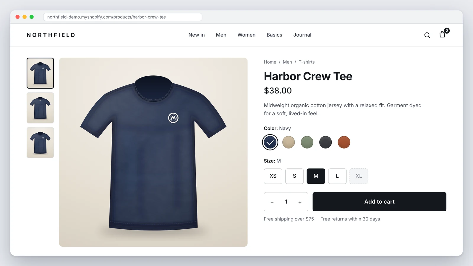 Ecommerce product page showing product images, size and color options, price, and add-to-cart button.