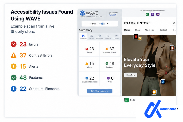 WAVE accessibility scan of a live Shopify store showing 23 errors, 37 contrast errors, 15 alerts, 48 features and 22 structural elements, with red and orange error markers overlaid across the store's homepage navigation and hero image.